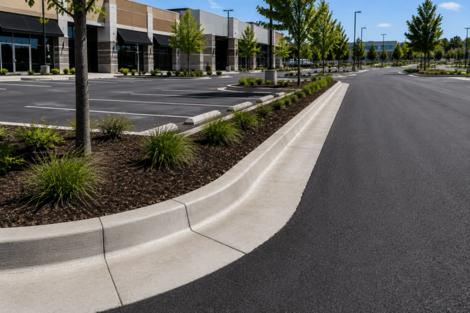 Curved concrete curb along commercial roadway