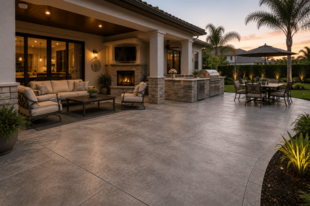 Patio-1-.png Concrete patio with pavers at evening