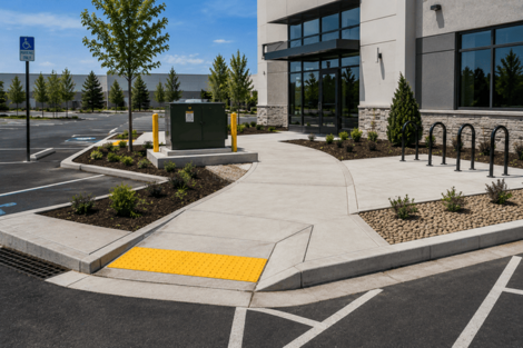 Commercial parking lot with concrete curbs and landscaping