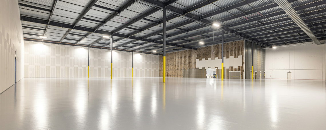 Empty industrial warehouse with polished concrete floor