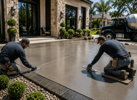 Workers finishing concrete patio surface
