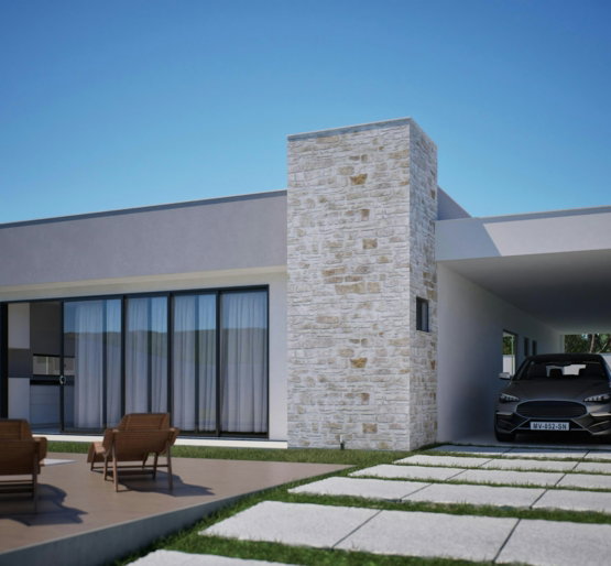 Modern house with car and outdoor seating area.