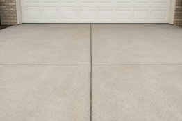 A concrete driveway in front of a white garage door.