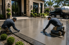 Workers finishing concrete patio surface