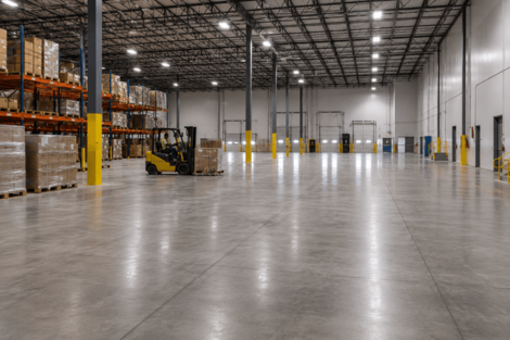 Warehouse interior with polished concrete floor